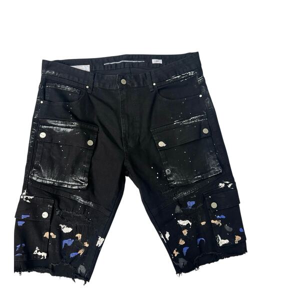 First Row 38 Black Splatter Paint Distressed Cargo Grunge Streetwear Shorts - Picture 1 of 9
